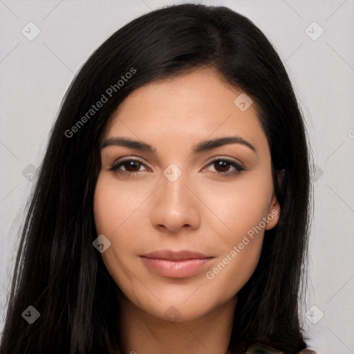 Joyful latino young-adult female with long  black hair and brown eyes