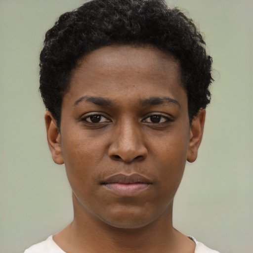 Neutral black young-adult female with short  black hair and brown eyes