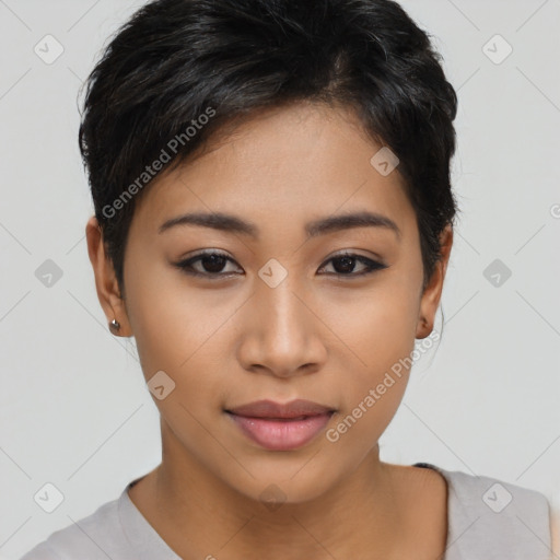 Joyful latino young-adult female with short  brown hair and brown eyes