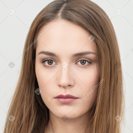 Neutral white young-adult female with long  brown hair and brown eyes