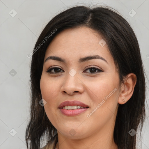 Joyful asian young-adult female with long  brown hair and brown eyes