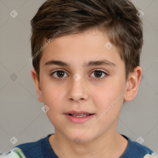 Joyful white child male with short  brown hair and brown eyes