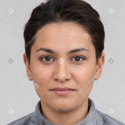 Joyful white young-adult female with short  brown hair and brown eyes