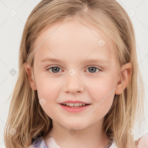 Joyful white child female with medium  brown hair and blue eyes