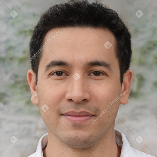 Joyful white young-adult male with short  black hair and brown eyes