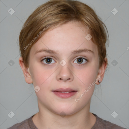 Neutral white child female with medium  brown hair and blue eyes