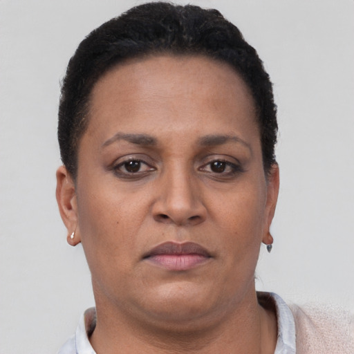 Neutral white adult female with short  brown hair and brown eyes
