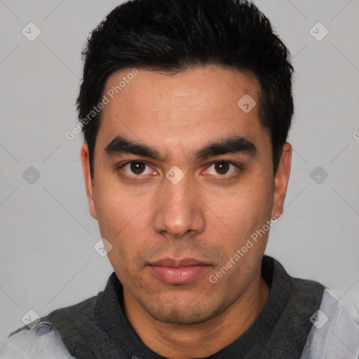 Neutral white young-adult male with short  black hair and brown eyes
