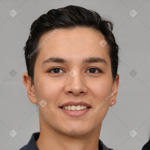 Joyful white young-adult male with short  brown hair and brown eyes