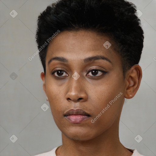 Neutral black young-adult female with short  black hair and brown eyes