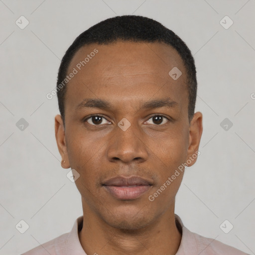 Neutral black young-adult male with short  black hair and brown eyes
