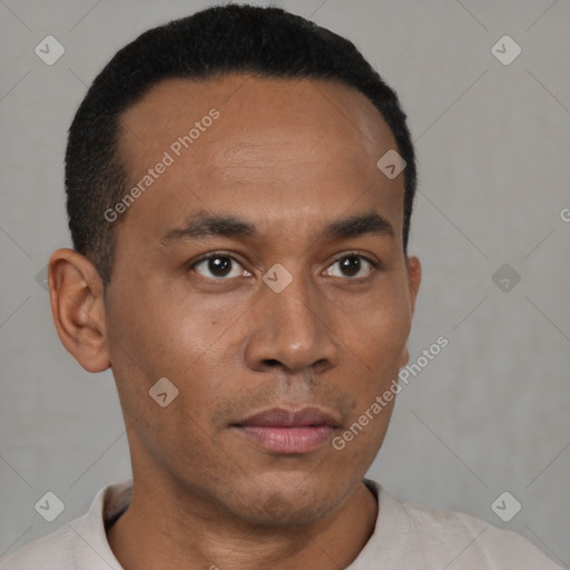 Neutral latino young-adult male with short  black hair and brown eyes