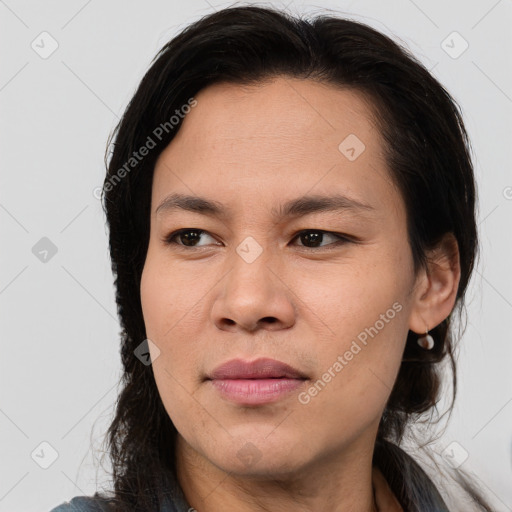 Joyful asian young-adult female with medium  brown hair and brown eyes