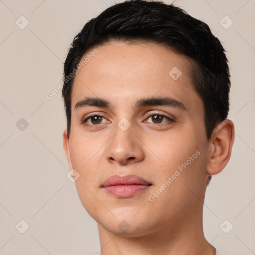 Joyful white young-adult male with short  black hair and brown eyes