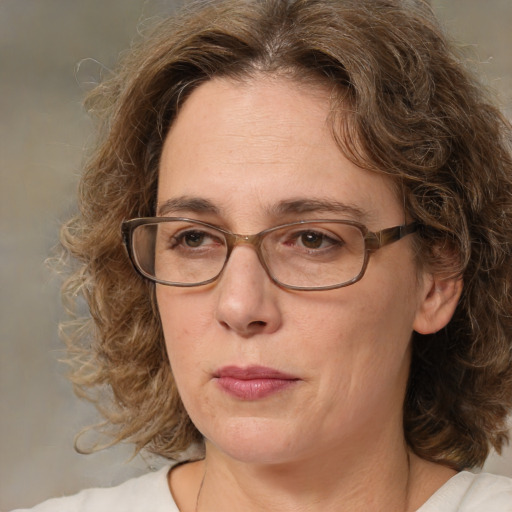 Joyful white adult female with medium  brown hair and green eyes