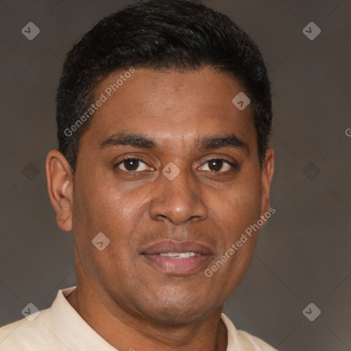 Neutral latino young-adult male with short  brown hair and brown eyes
