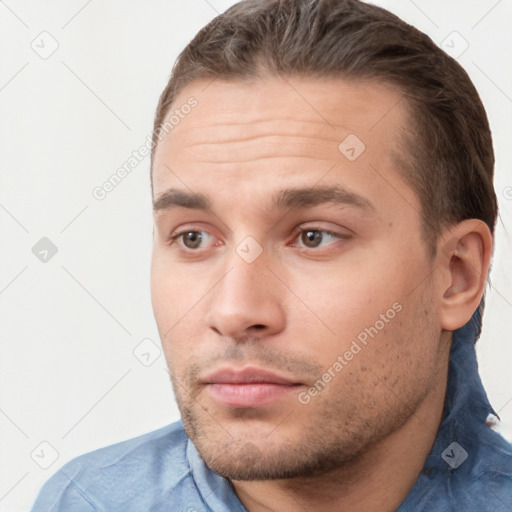 Neutral white young-adult male with short  brown hair and brown eyes