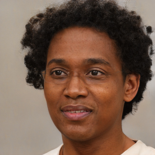 Joyful black adult male with short  brown hair and brown eyes