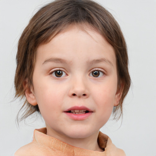 Joyful white child female with medium  brown hair and blue eyes