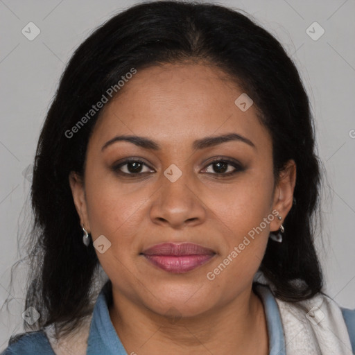 Joyful latino young-adult female with medium  black hair and brown eyes