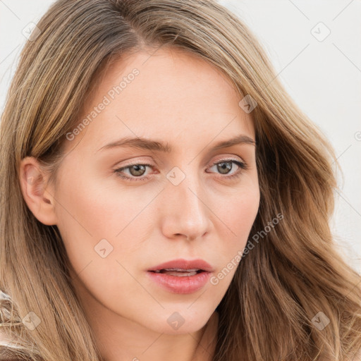 Neutral white young-adult female with long  brown hair and blue eyes