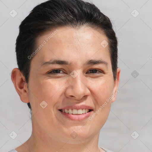 Joyful white young-adult female with short  brown hair and brown eyes