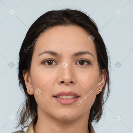 Joyful white young-adult female with medium  brown hair and brown eyes