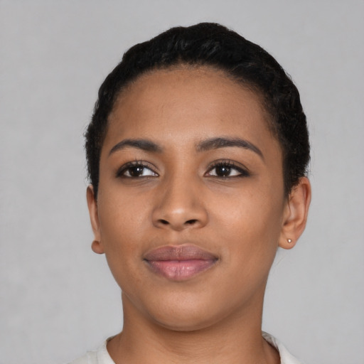 Neutral latino young-adult female with short  black hair and brown eyes