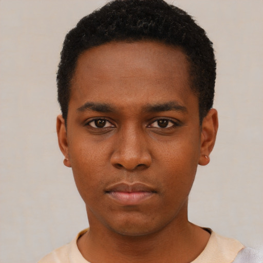 Neutral black young-adult male with short  black hair and brown eyes
