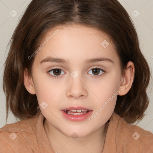 Joyful white child female with medium  brown hair and brown eyes