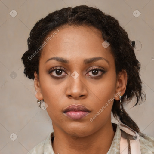 Neutral black young-adult female with medium  brown hair and brown eyes