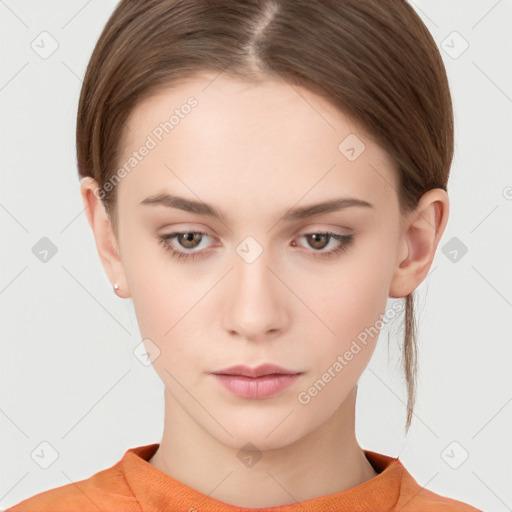 Neutral white young-adult female with short  brown hair and brown eyes