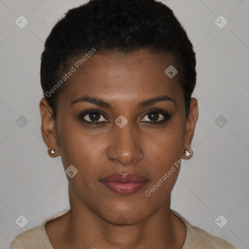 Joyful black young-adult female with short  brown hair and brown eyes