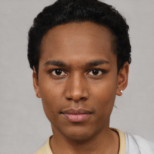 Neutral black young-adult male with short  black hair and brown eyes