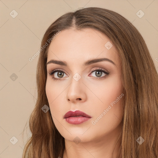 Neutral white young-adult female with long  brown hair and brown eyes