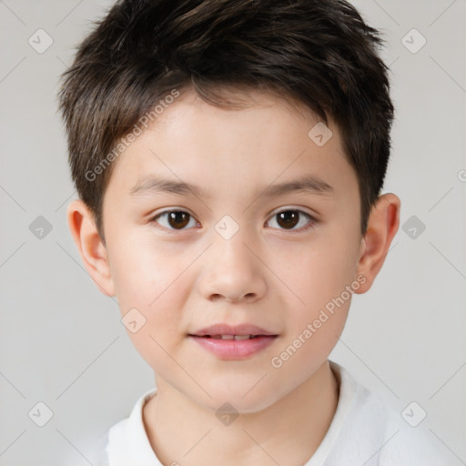 Joyful white child male with short  brown hair and brown eyes