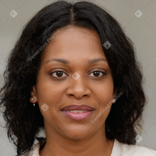 Joyful black young-adult female with medium  brown hair and brown eyes