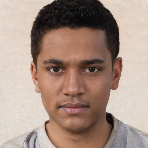 Neutral white young-adult male with short  black hair and brown eyes