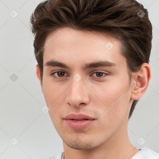 Neutral white young-adult male with short  brown hair and brown eyes