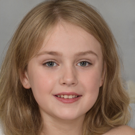 Joyful white child female with medium  brown hair and grey eyes