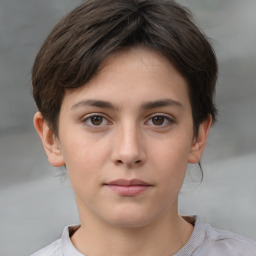 Neutral white young-adult female with short  brown hair and brown eyes