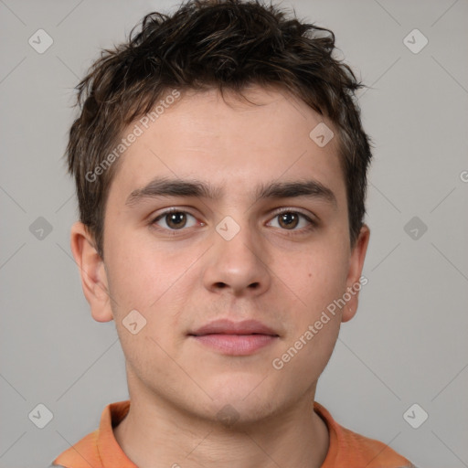 Neutral white young-adult male with short  brown hair and brown eyes