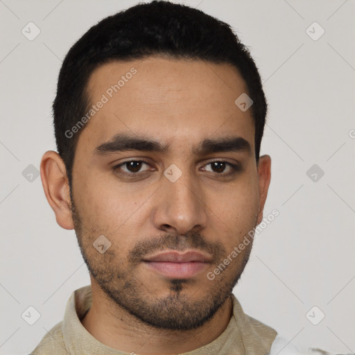 Neutral latino young-adult male with short  black hair and brown eyes