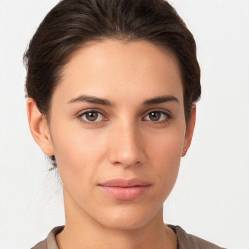 Neutral white young-adult female with medium  brown hair and brown eyes