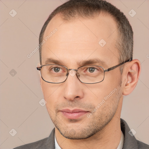 Neutral white adult male with short  brown hair and brown eyes