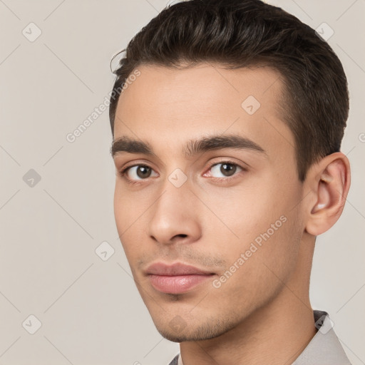 Neutral white young-adult male with short  brown hair and brown eyes