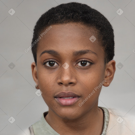 Neutral black young-adult female with short  brown hair and brown eyes