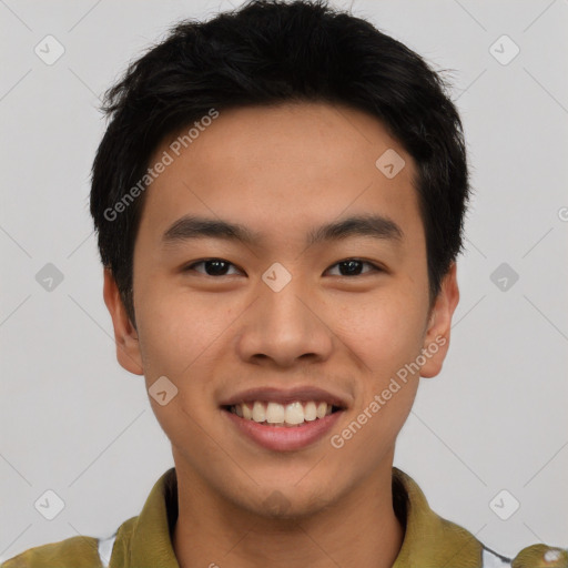 Joyful asian young-adult male with short  black hair and brown eyes