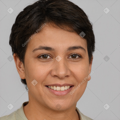 Joyful white young-adult female with short  brown hair and brown eyes