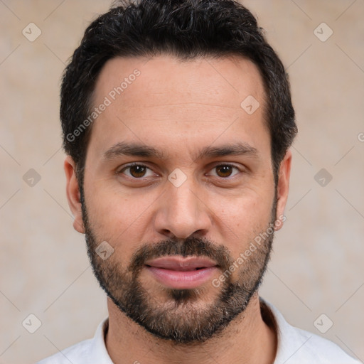 Neutral white young-adult male with short  black hair and brown eyes